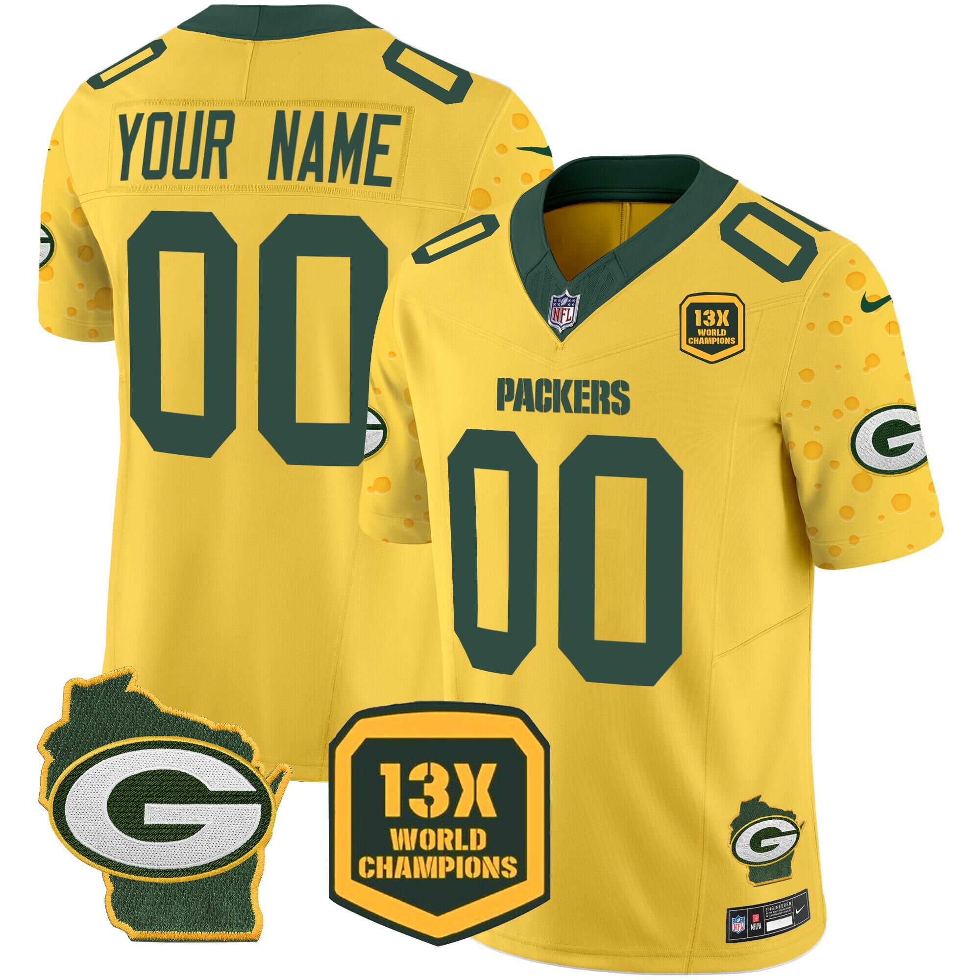 Men's Green Bay Packers ACTIVE PLAYER Custom Cheese Gold 2024 F.U.S.E. Home Patch 13 Time World Champions Vapor Untouchable Limited Football Stitched Football Jersey Men's Green Bay Packers ACTIVE PLAYER Custom Cheese Gold 2024 F.U.S.E. Home Patch 13 Time World Champions Vapor Untouchable Limited Football Stitched Football Jersey